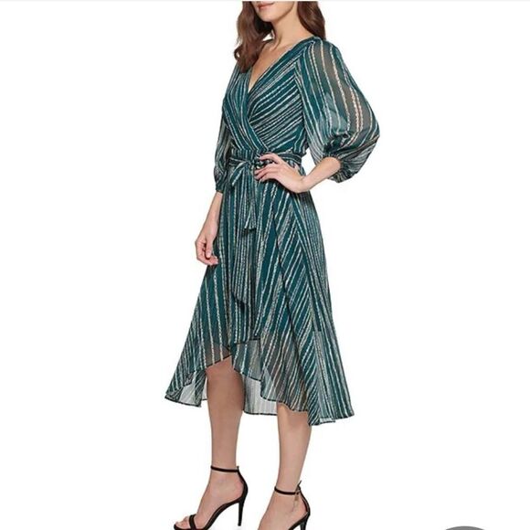 DKNY Metallic Stripe Print Surplice VNeck 3/4 Balloon Sleeve Tie Waist Faux Wrap - Picture 4 of 8